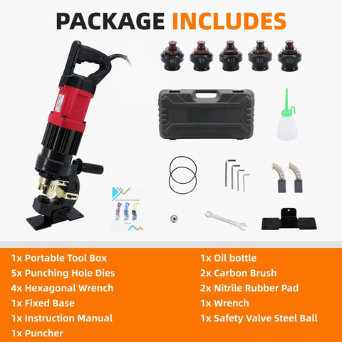 Beast 1400W Electric Hydraulic Hole Puncher, 22 Ton Portable Punch Tool With 5 Dies and accessories, displayed with tool kit