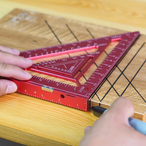 Person using 7.5-Inch Magnetic Rafter Square With Jig Block Multi-Angle Measuring Tool for precise 90-degree lines on wood