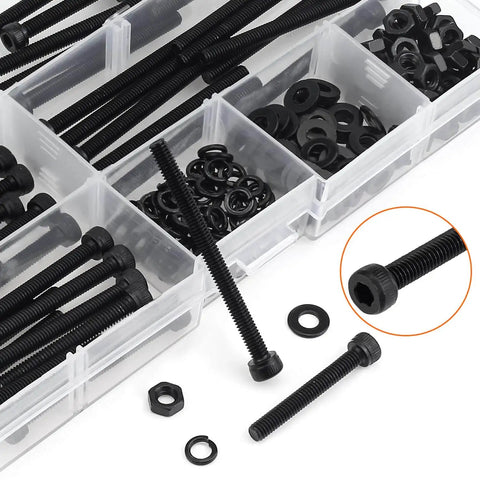 M4 Hex Socket Head Cap Screws Kit With Nuts, Washers And Black Oxide Finish, 200 Pcs, Sizes 30mm, 35mm, 40mm, 45mm, 50mm, Fully Threaded Bolts In 12.9 Grade Alloy Steel, Includes Lock Washers And Flat Washers HELIFOUNER displayed in box