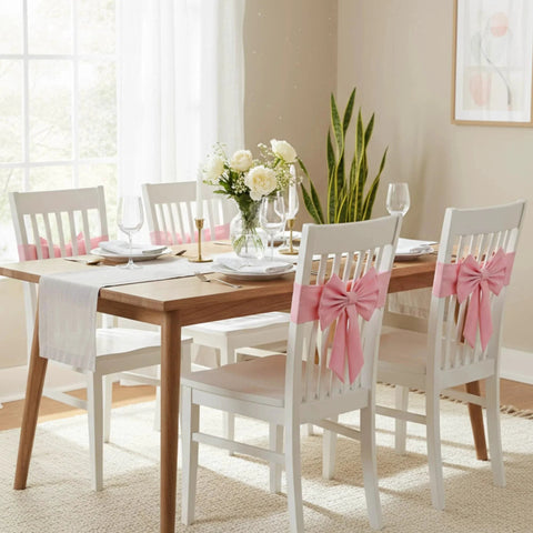 Dining setup featuring set of ten elastic spandex chair sashes in pink for wedding and party decor fits chair backs 13.78 to 17.7 inches wide
