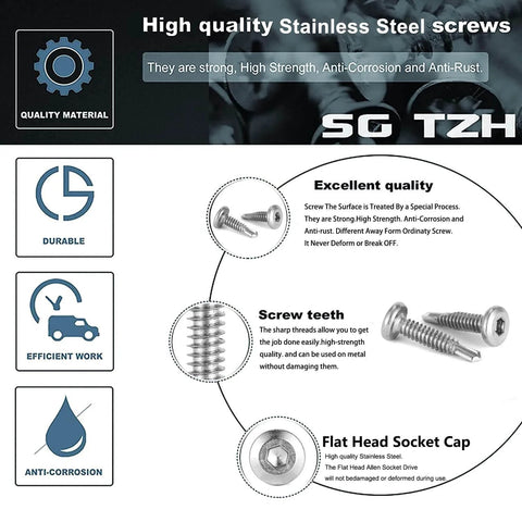 Infographic showing high quality stainless steel screws with features like durability, efficient work, anti-corrosion, and flat head socket cap design.