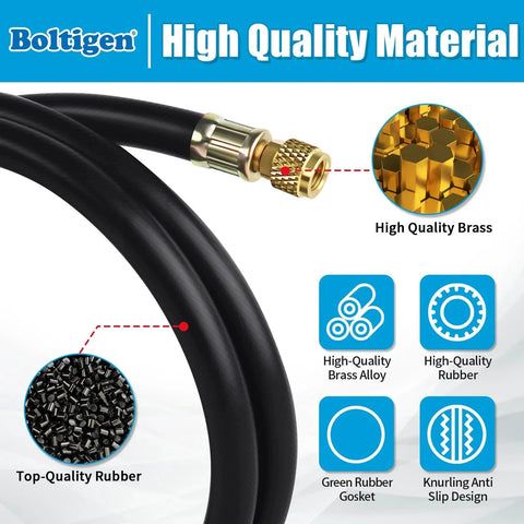 High Flow Half Inch ID Vacuum Refrigerant Hose For HVAC Systems Six Foot Long With Three Eighths To One Quarter Flare Fittings Vacuum Certified For AC And Refrigeration Burst Pressure 3200 PSI Working Pressure 640 PSI Black Boltigen displaying high-quality brass fitting and rubber material