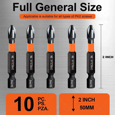 Ten Pack PH2 Magnetic Phillips Bits For Impact Drivers Two Inch Long With One Fourth Inch Hex Shank Premium S2 Steel Construction Strong Magnetic Tip For Secure Screw Retention Durable Bits For Professional Trades And DIY Projects.