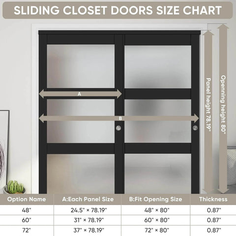 Sliding Closet Door Set With Frosted Glass, 72 Inch Wide By 80 Inch High, Double 37 Inch Panels, size chart shown.