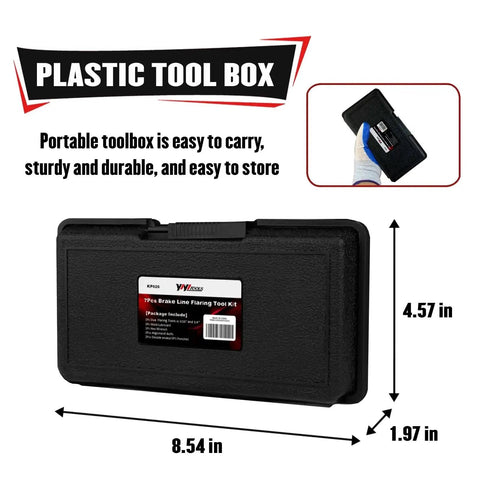 Packaging for Brake Line Flaring Kit 7 Pcs For 1/4 And 3/16 Inch Copper Aluminum SAE, plastic toolbox, dimensions 8.54 x 4.57 x 1.97 inches