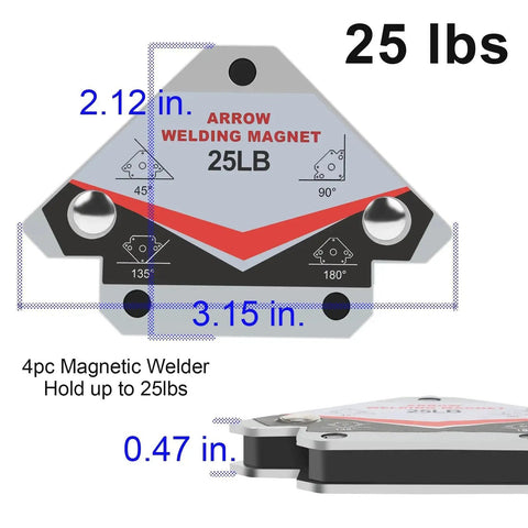 Heavy Duty 25 Pound Welding Magnets Four Pack With Arrow Shaped Hold For Precise Angles In Metal Fabrication And Welding Magnetic Angle Guide Clamps For Positioning And Alignment By GUTIMORE, showing dimensions and weight capacity.
