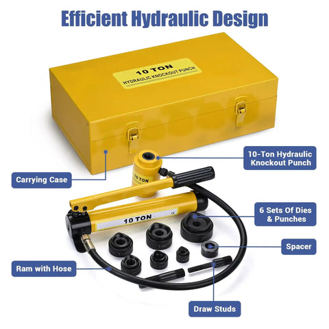 Heavy Duty Hydraulic Knockout Punch Kit 10 Ton With 6 Die Sets For 1/2 To 2 Inch Conduit Pro Grade Electrical Hole Punch Driver For Aluminum Brass Stainless Steel All In One Beast Of A Tool Yellow, showing components and carrying case
