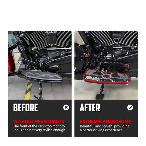 Black Motorcycle Floorboard Kit With Driver And Passenger Footrests Shifter Lever And Brake Arm For Touring Road Electra Street Glide 08 25 Set 14 Up Now before and after installation comparison.