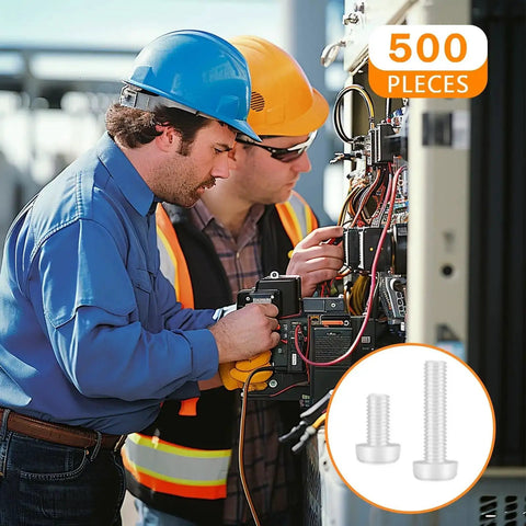 Technicians using All In One White Nylon Pan Head Screws And Nuts Kit With Washers in electronic assembly, 500 piece set shown.