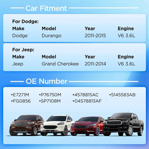Car fitment and OE numbers for Fuel Pump Module Assembly For Dodge Durango 2011-2015 V6 3.6L Flex And Jeep Grand Cherokee 2011-2014 V6 3.6L Flex Replaces FG0856 5145583AB OE Reference E7271M