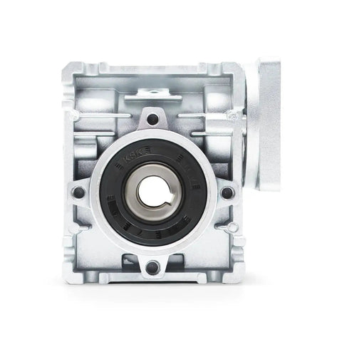 Front view of Beefed-Up NMRV 030 Worm Gear Reducer for NEMA 23 motors, 30:1 reduction, showing flange input and output shaft.