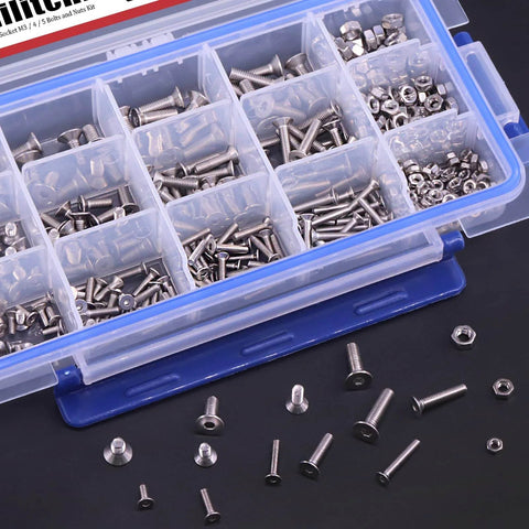 510-Piece Stainless Steel Flat Head Hex Socket Bolts And Nuts Set With M3 M4 M5 Sizes 304 Grade Includes Screws And Nuts Organized In Clear Case