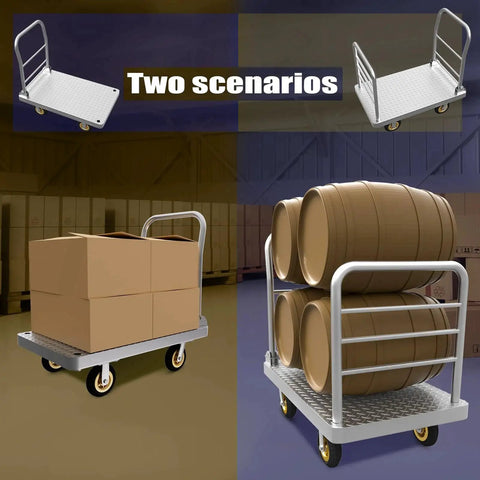 2IN1 48x24 Platform Truck Cart 2650lbs Heavy Duty Flatbed Dolly with Detachable Rear Guardrail loaded with boxes and barrels