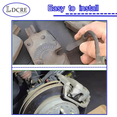 Rear disc brake pad wear sensor; top close-up of metal strap, bottom shows sensor installed on caliper with rotor.