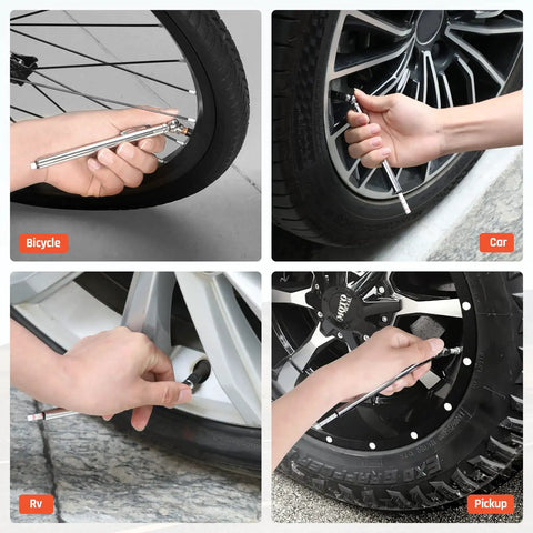 Pencil Tire Pressure Gauge Set Two Pack With 16 Tire Caps And Dual Ranges 10 To 50 PSI And 20 To 120 PSI Stainless Steel Body For Cars Trucks RVs And Bicycles ANSI B40 1 Grade B in use on bicycle, car, RV, and pickup tires.