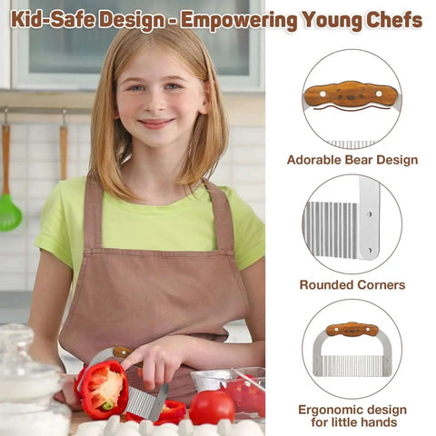 Bear Shaped Wave Cutter For Kids By ZLemma in use by child in kitchen, rosewood handle, kid-friendly design
