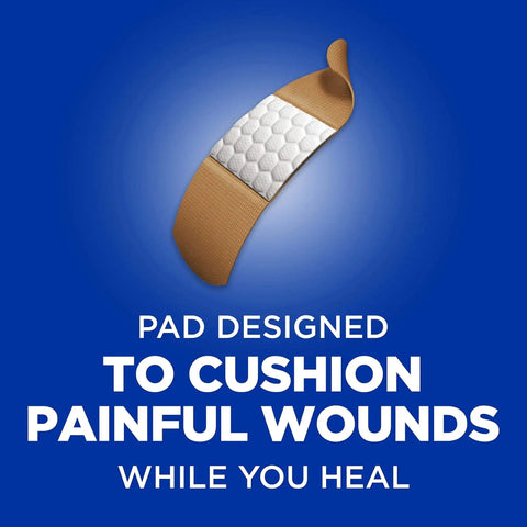 Flexible Fabric Adhesive Bandages For Minor Wounds, Sterile Cushioned Comfort Pad, 1x3 Inches, Band-Aid Brand with cushioning pad.