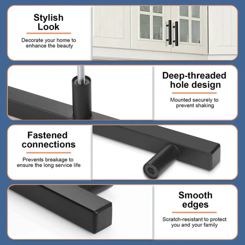 Matte Black Square Cabinet Handles Set Of 30 5 Inch Length Drawer Pulls showing features like deep-threaded design and smooth edges.