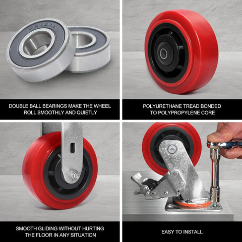 Component view of 8 Inch Industrial Caster Wheels Set Of 4 with Polyurethane Tread on Polyolefin Core Double Roller Bearing 6000 Lb Capacity