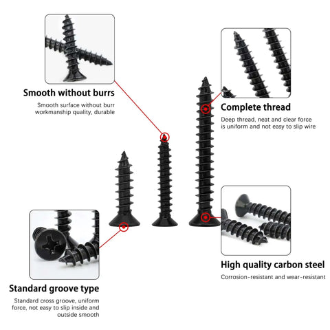 Wood Screws Assortment Kit 175 Pieces With Phillips Flat Head Self Tapping Screws In Black Zinc Plated Carbon Steel For Metal And Wood