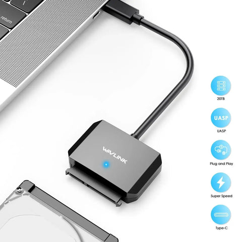 USB C To SATA External Drive Cable With UASP Fast 5Gbps shown connected to a laptop, supporting 2.5 and 3.5 inch SSD HDD.