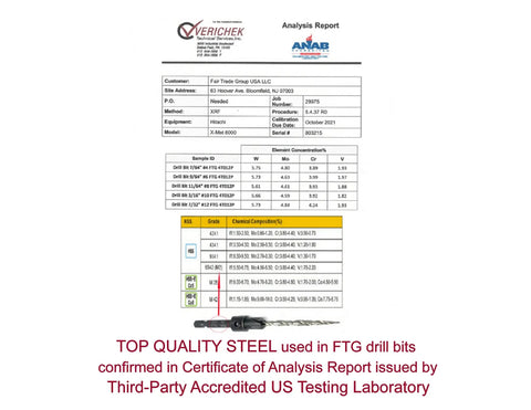 Certificate of Analysis for FTG USA Adjustable Wood Countersink Drill Bit Set showing steel quality and specifications.
