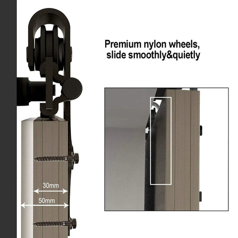 Close-up of 11 Ft Sliding Barn Door Hardware Track Kit with Floor Guide showing nylon wheels for smooth and quiet operation.