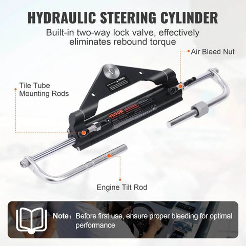 Beefed Up Hydraulic Outboard Steering Kit For Boats 150HP With Built In Two Way Lock Cylinder Includes Pump And Two 20 Ft High Strength Nylon Hoses For Single Station Single Engine Marine System displayed.