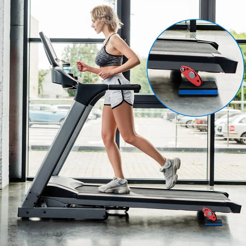 Woman running on treadmill using Eight Pack Beefy Rubber Anti Vibration Pads 4 Inch Square Seven Eighths Inch Thick for heavy duty floor protection