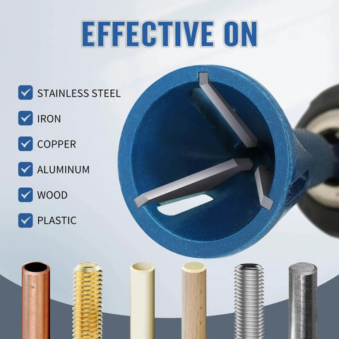 Go-To All Thread Deburring Tool With Quick Release 1/4 Inch Hex Shank for External Chamfer and Burr Removal, 3 tungsten carbide blades