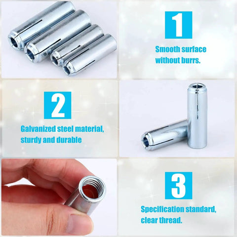 50 Pcs Drop In Anchors Zinc Plated Inner Female Thread Expansion Anchors For Solid Concrete, shown in a hand for detail.
