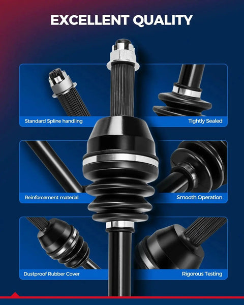 Front Left CV Axle Shaft Assembly For 2015 Through 2019 Hyundai Sonata 2.4L Gas And 2016 Through 2020 Kia Optima 2.4L Gas Two Pack CV Axles With Durable Build And Easy Install featuring standard spline handling, tightly sealed components, and dustproof rubber cover.