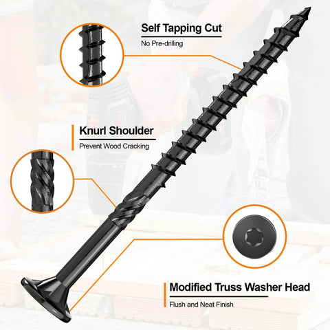 Deck Screws 2-1/2 Inch, Number 10, 108 Pack, Star Drive Wood Screws for Timber and Landscaping, Rust Resistant Coated, T25 Bit Included, Black Finish, showing details like self-tapping cut and knurl shoulder.
