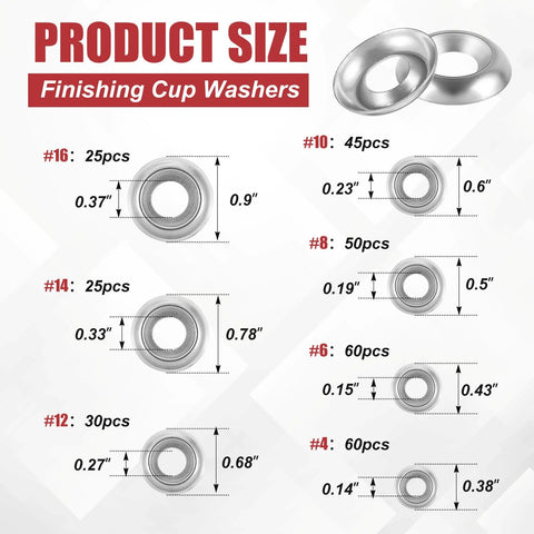 Yaocom 304 stainless finishing cup washers, 295 total in 7 sizes (#4–#16).