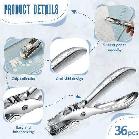 Set Of 36 Circle Hole Punches, 1 Hole Punch, 5 Sheet Capacity, handheld paper puncher with chip collection and anti-skid design