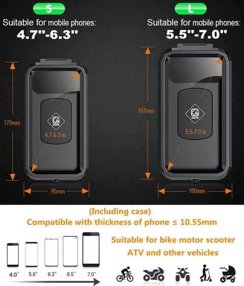 Size chart for IP66 Waterproof Bike Phone Mount With Aluminum Alloy Handlebar Base showing small and large phone compatibility.