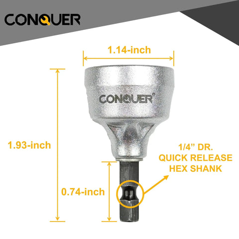 HSS Deburring External Chamfer Tool For Metal And PVC With Quick Release One Quarter Inch Hex Shank Deburring And Chamfering Bit For Stainless Steel Copper Aluminum And PVC Pipe One Eighth To Three Quarters Inch Range Three To Nineteen Millimeters CONQUER, showing front view with dimensions