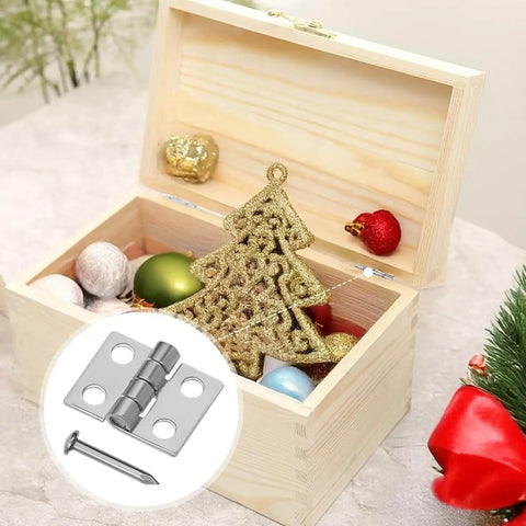 Open wooden box with Christmas ornaments showing Mini Hinges For Crafts 10x8mm With Screws 100 Pieces Tiny Brass Hinges.