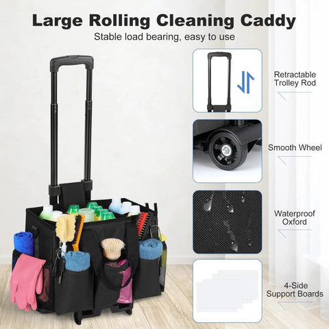 Rolling Cleaning Caddy Bag With Detachable Trolley for Housekeepers, showing tall handle, smooth wheels, waterproof material, and multiple pockets