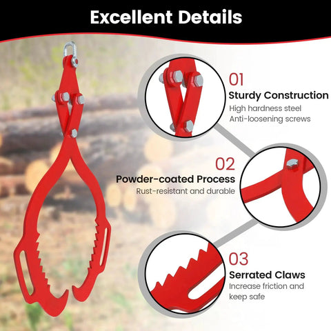 Heavy Duty 28 Inch Log Tongs With Dual Serrated Claws Log Grapple For Lifting Timber Eagle Claw Design with red coating.