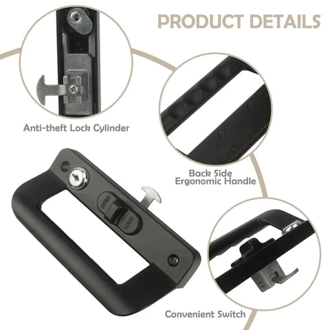 Full Replacement Sliding Door Handle Set For Five And Five Eighths Inch Hole Spacing With Mortise Lock And Key Front And Back Side Black Finish Durable Zinc Alloy Cylinder And Aluminum Handle Easy Installation, showing details of anti-theft lock cylinder and ergonomic handle