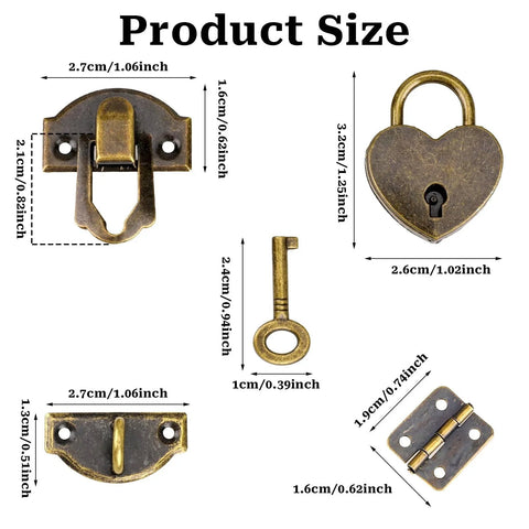 Two Piece Antique Bronze Hasp Latch Set With 27x30mm Hasp Latch And 24x21mm Mini Box Hinges Plus 22x38mm Love Locks With Keys product sizes