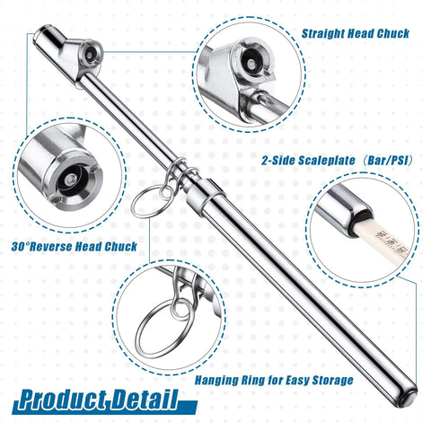 Ten-pack Tallew dual-head tire pressure gauge set; chrome finish, straight head, 30° reverse chuck, Bar/PSI 10–150 PSI