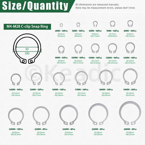 Heavy Duty C Clip And E Clip Snap Ring Set Kit 303 Pcs With 21 C Clip Sizes M4 To M28 And 10 E Clip Sizes 1.5mm To 10mm Plus Tweezers