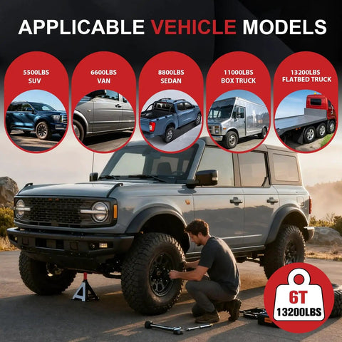 Mechanic using 6 Ton Heavy Duty Jack Stands With Double Pin Lock, 15.6 To 23.4 Inch Height, for vehicle maintenance outdoors