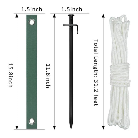 Components of All In One Steel Tree Stake Kit For Young Trees, including stake, strap, and 31.2 ft rope, shown side by side.