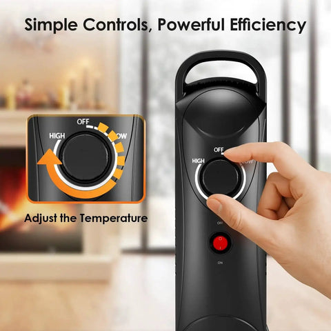 Person adjusting thermostat on Efficient 700W Oil Filled Radiator Heater for indoor use with two heat settings and overheat protection.