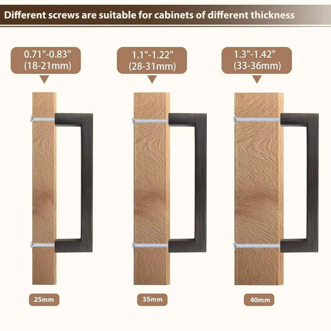 10 Pack Oil Rubbed Bronze Solid Zinc Cabinet Pulls showing screw fitment for varying cabinet thicknesses
