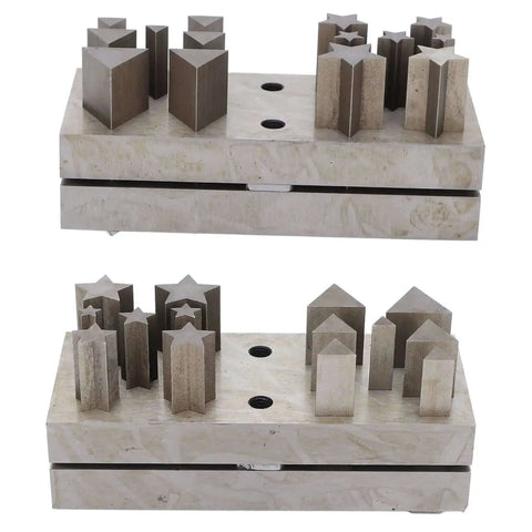 Pro Grade Jewelry Punch Die Disc Cutter Set With Assorted Shapes And Sizes, shown with triangle and pentagram dies on a steel base.