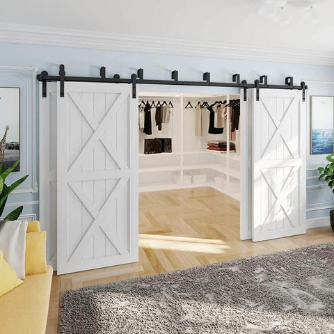 10 Foot Four Door Double Track Bypass Sliding Barn Door Hardware Kit For Interior Use with rails visible, no doors